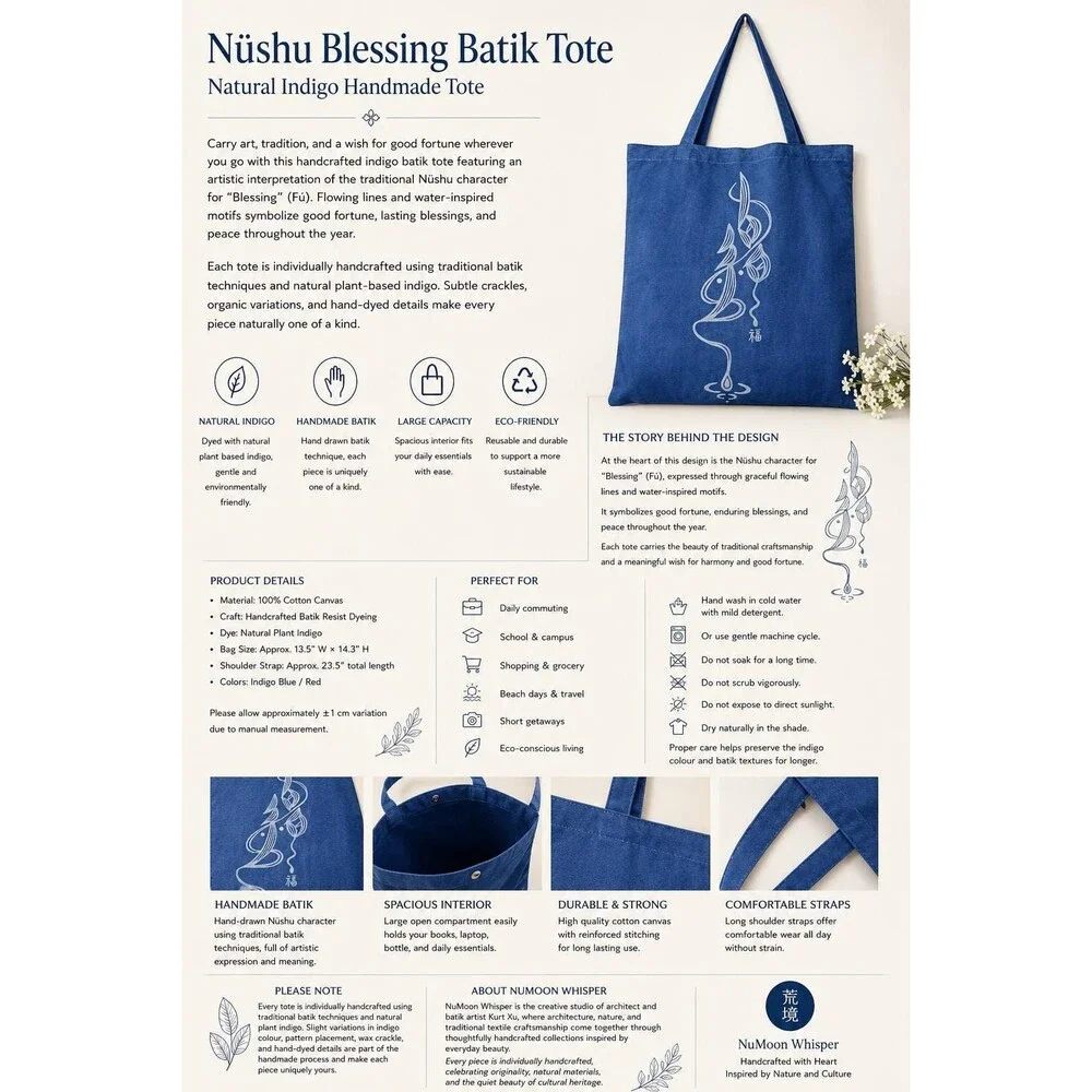 Nüshu Blessing Batik Tote Bag, Natural Indigo Hand Dyed Cotton Bag Chinese Folk